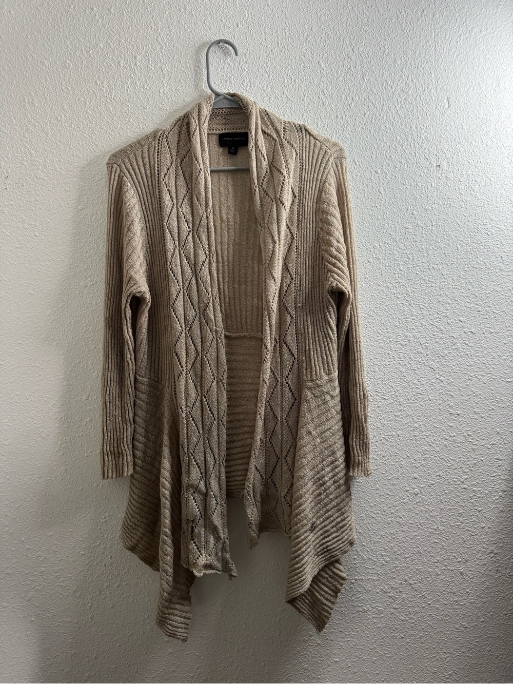 Investments Beige Cable-Knit Draped Open Cardigan